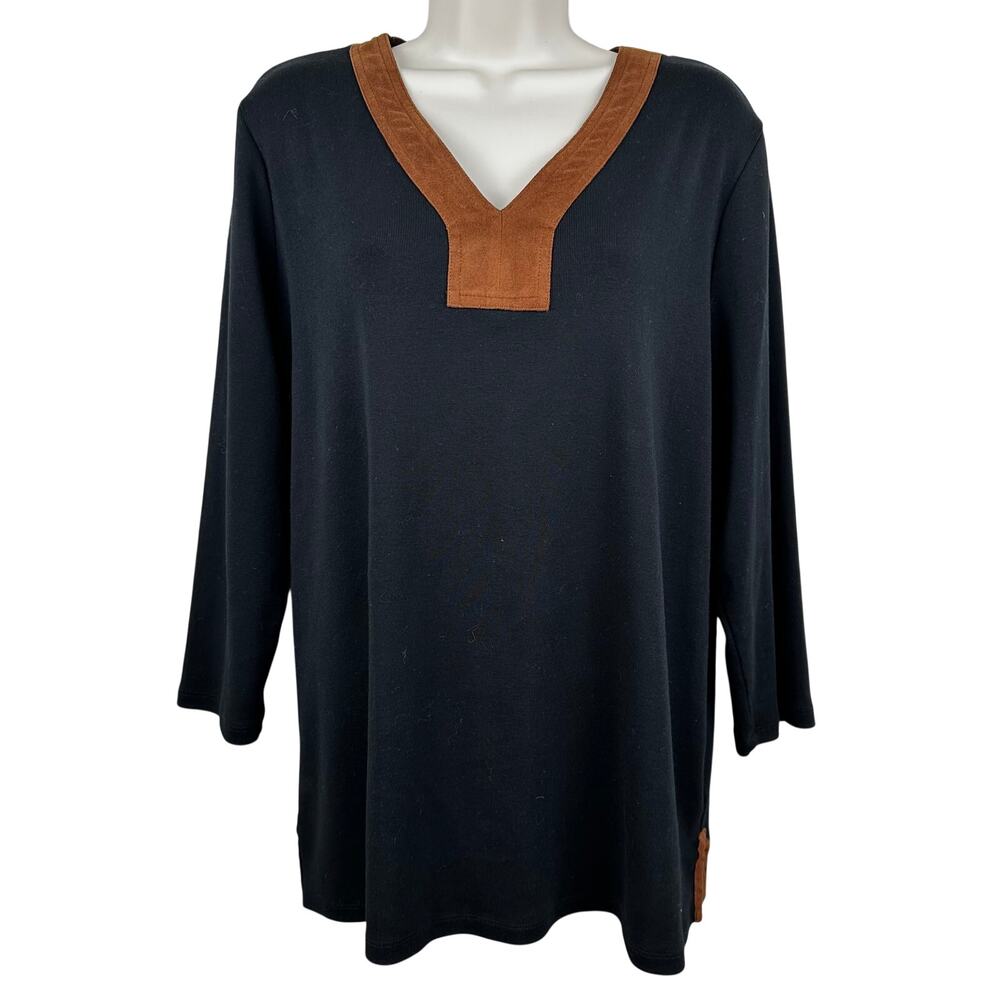 Ralph Lauren Knit Tunic Top Faux Suede Trim 3/4 Sleeve Black 1X Town & Country